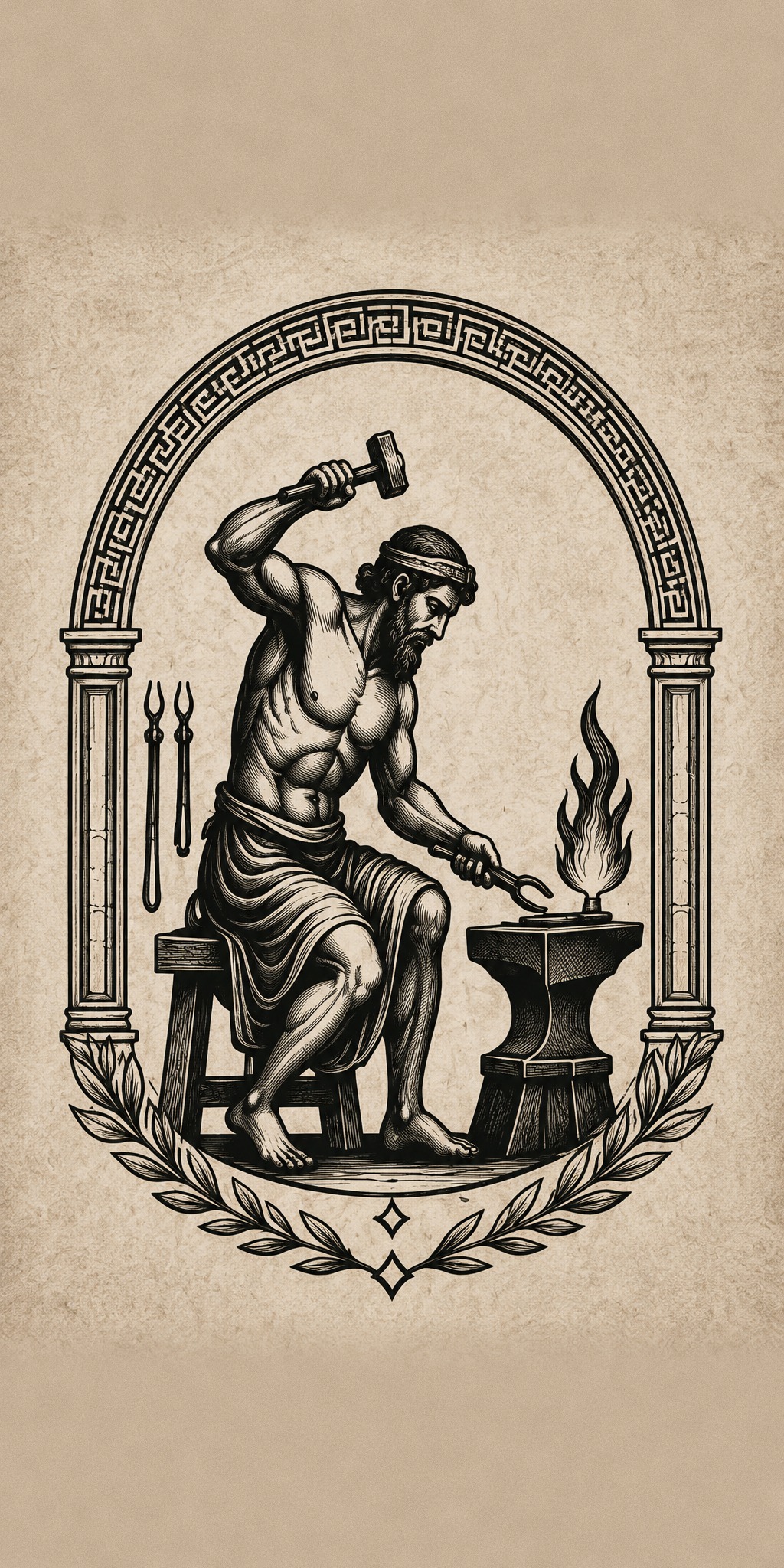 Engraving-style blacksmith working at an anvil, representing craft and making