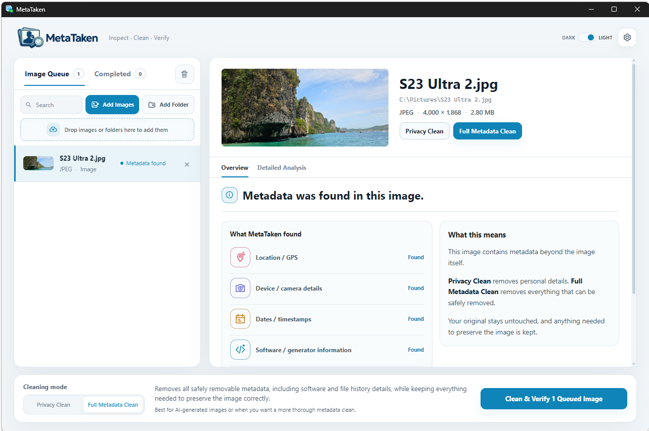 MetaTaken for Windows showing image inspection results, metadata categories and cleaning controls.