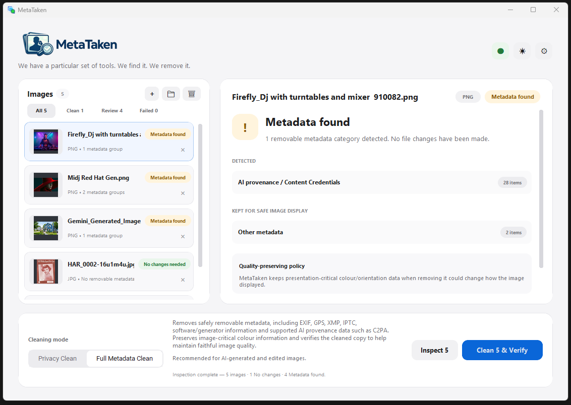 MetaTaken application showing image inspection results and metadata cleaning controls